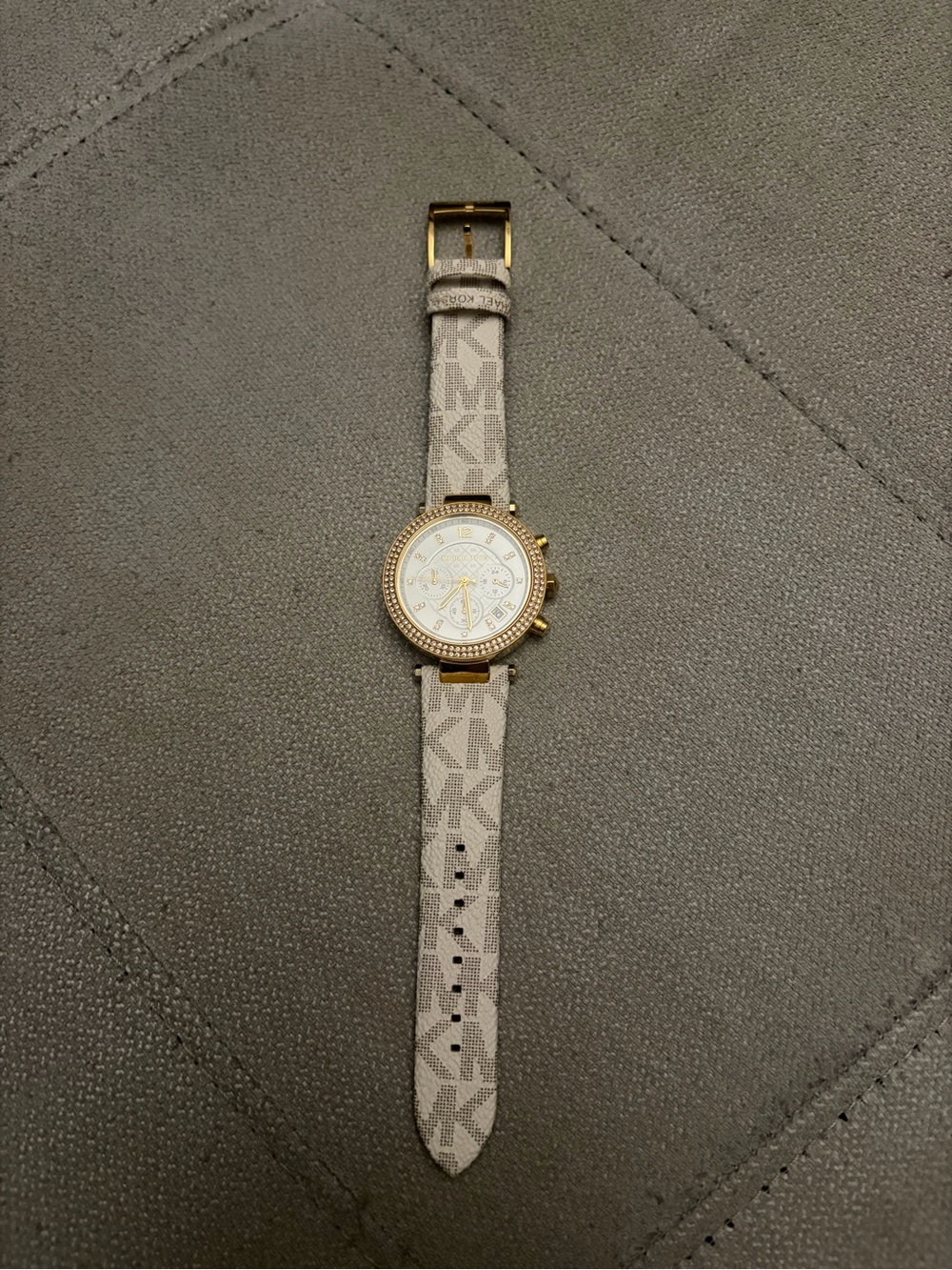 Michael Kors Gold-Tone Watch with Beige MK Logo Strap